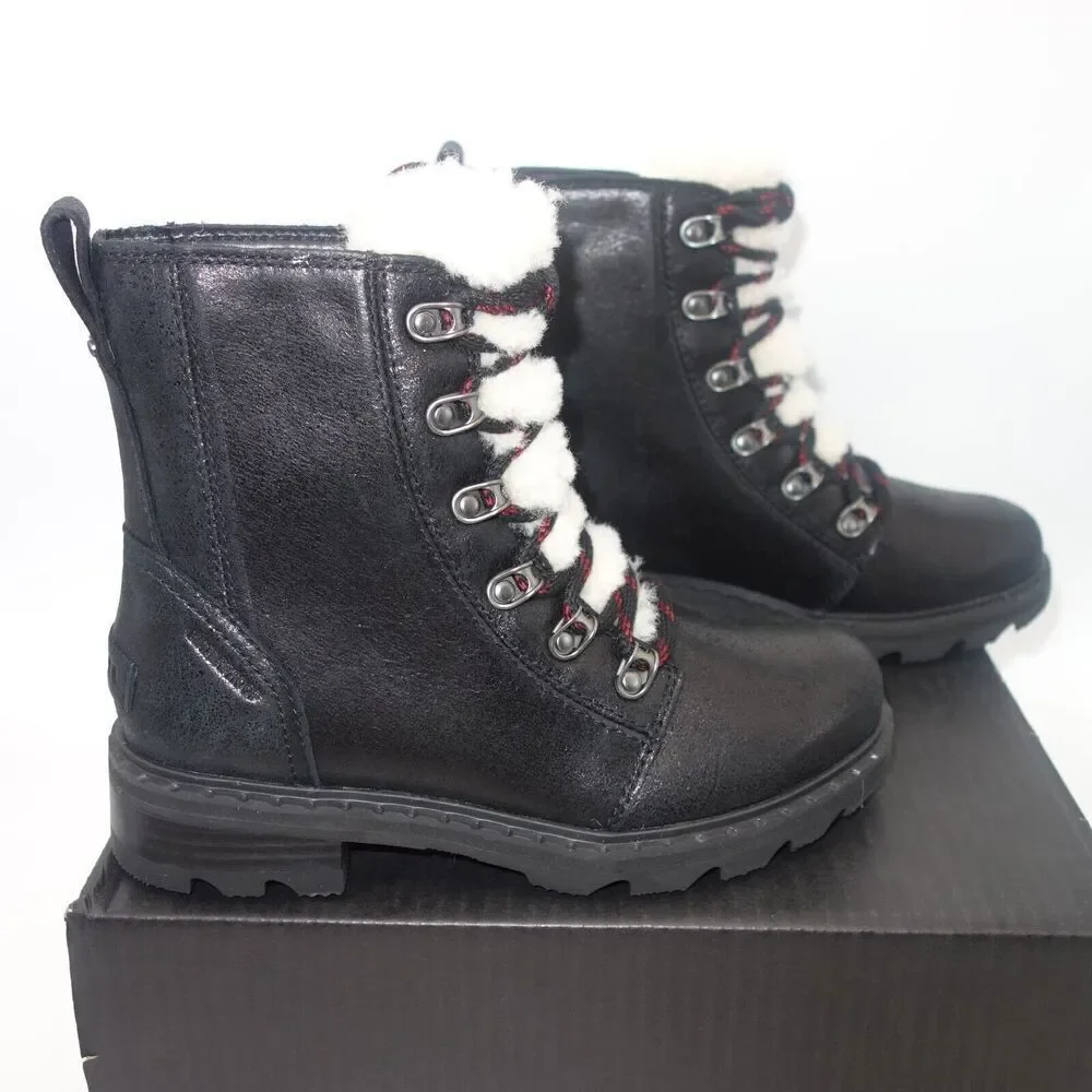 NEW Sorel Women's 5 Lennox Lace Cozy Boots Waterproof Shearling Lug  Black